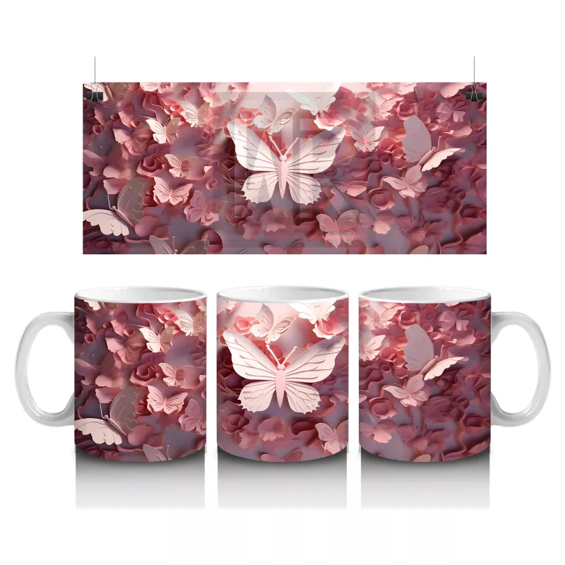 Güllerle Kaplı Zeminde Beyaz Kelebek – Baskılı Kahve Kupası