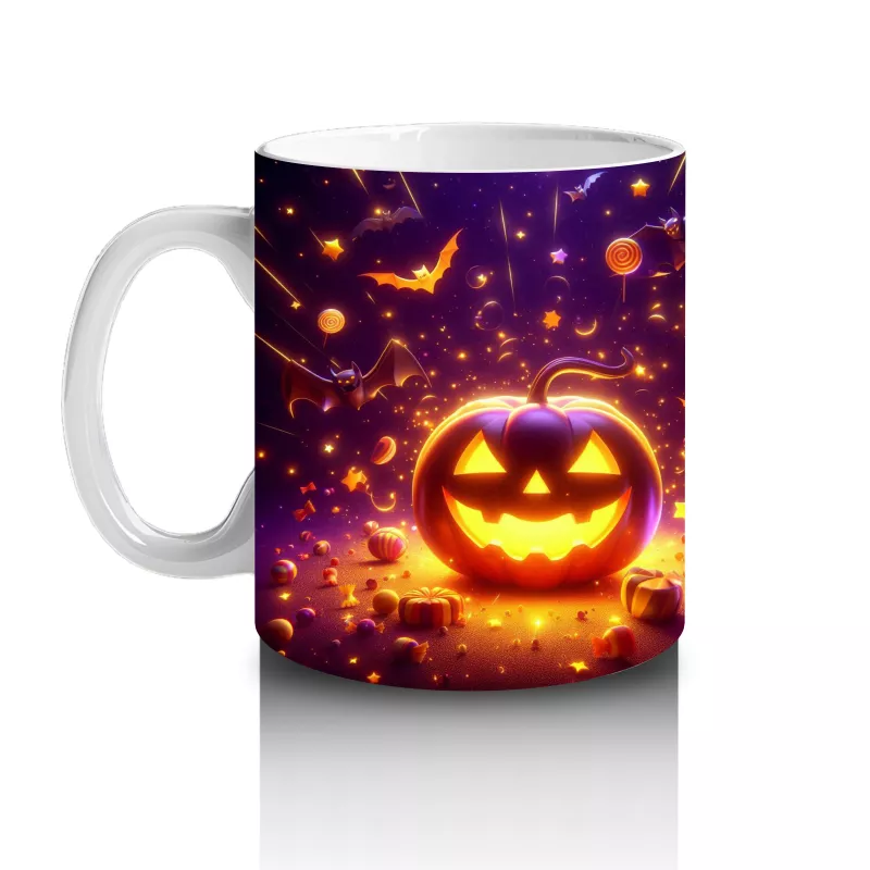 Gülümseyen Alevli Balkabakları Desenli Parlak Cadılar Bayramı Baskılı Kupa - 2