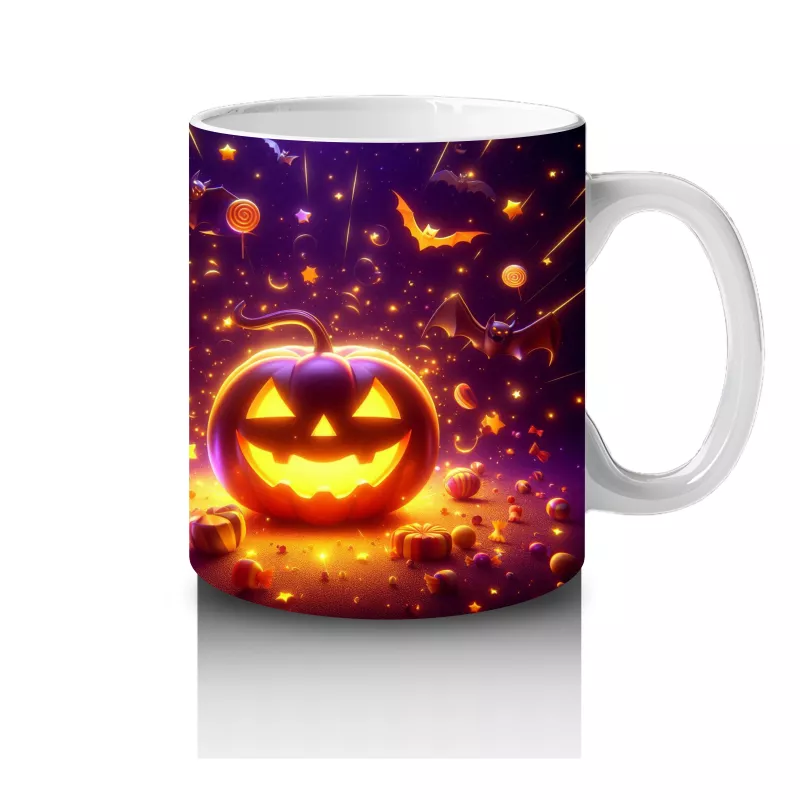 Gülümseyen Alevli Balkabakları Desenli Parlak Cadılar Bayramı Baskılı Kupa - 4