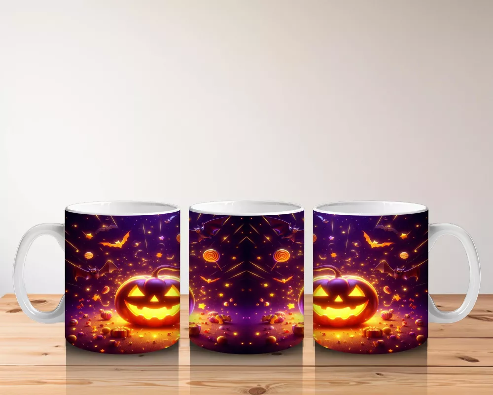 Gülümseyen Alevli Balkabakları Desenli Parlak Cadılar Bayramı Baskılı Kupa - 5