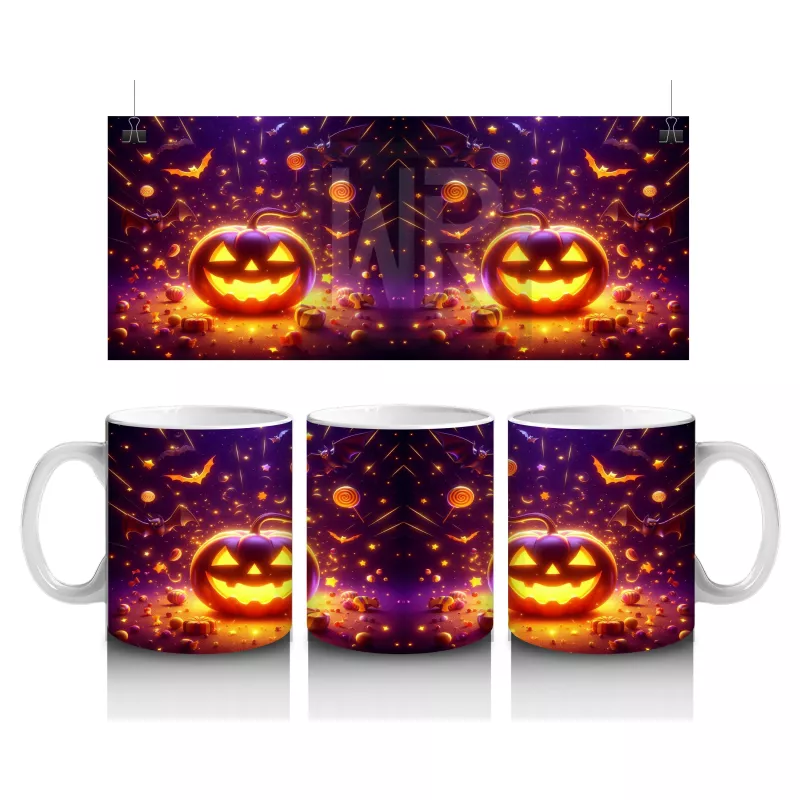 Gülümseyen Alevli Balkabakları Desenli Parlak Cadılar Bayramı Baskılı Kupa