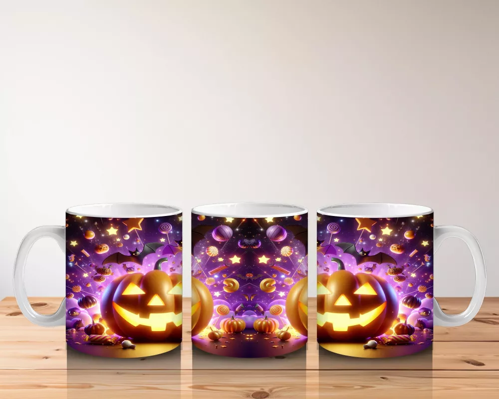 Gülümseyen Balkabakları ve Işıltılı Arka Planla Cadılar Bayramı Baskılı Kupa Bardak - 5