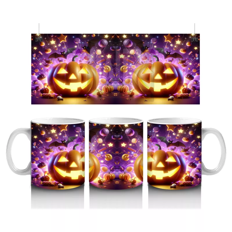 Gülümseyen Balkabakları ve Işıltılı Arka Planla Cadılar Bayramı Baskılı Kupa Bardak