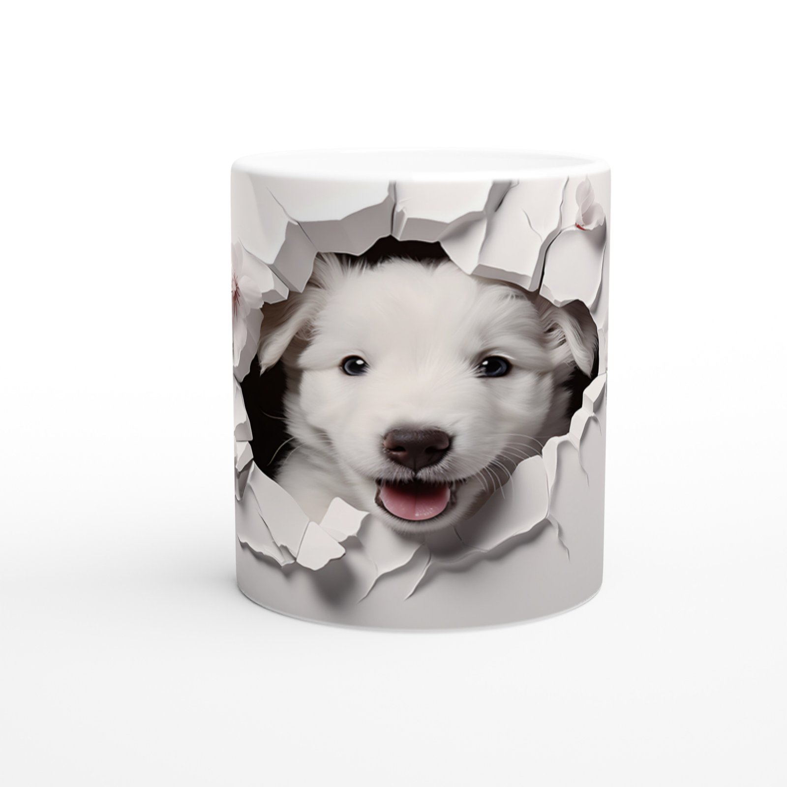 Gülümseyen Beyaz Yavru Köpek ve Kiraz Çiçekleri Baskılı Kupa Bardak