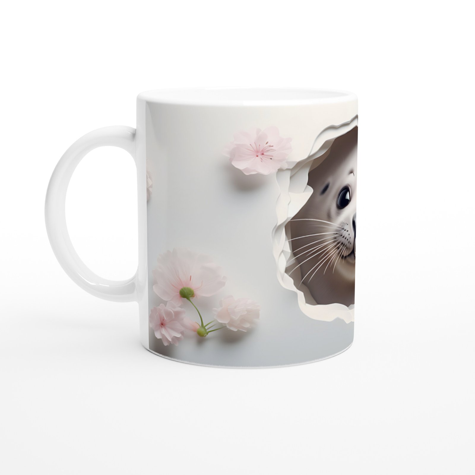 Gülümseyen Fok ve Pembe Çiçekli Su Altı Temalı Kupa Bardak - 2