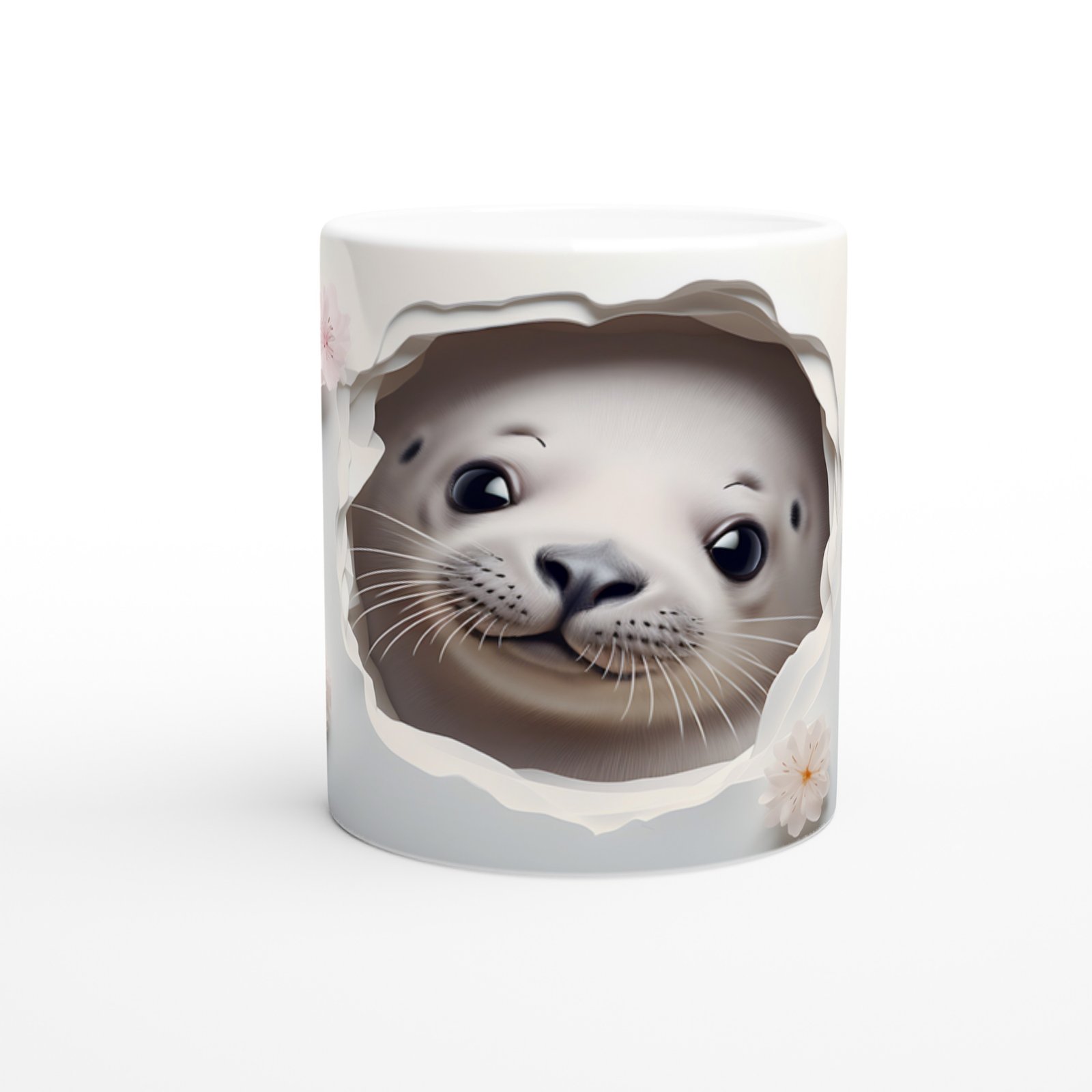 Gülümseyen Fok ve Pembe Çiçekli Su Altı Temalı Kupa Bardak