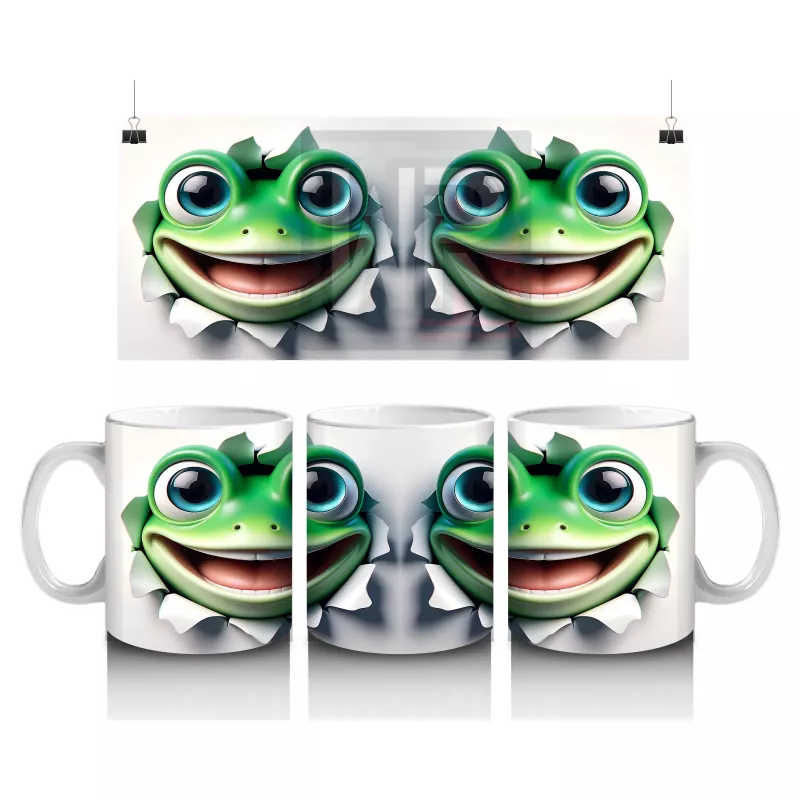 Gülümseyen Yeşil Kurbağa Maskot Çifti – Baskılı Kahve Kupası