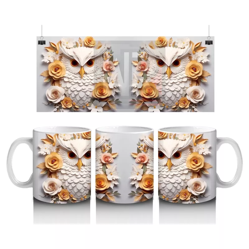 Güneş Çiçekleri Arasında Bilge Baykuş Çifti – Baskılı Kahve Kupası