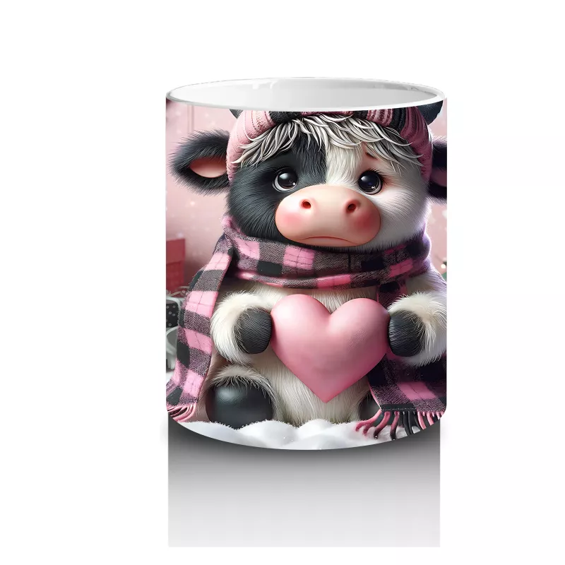 Hediye Kutuları Arasında Oturan Kalpli Figür Tutan İnek - Baskılı kahve kupası - 3