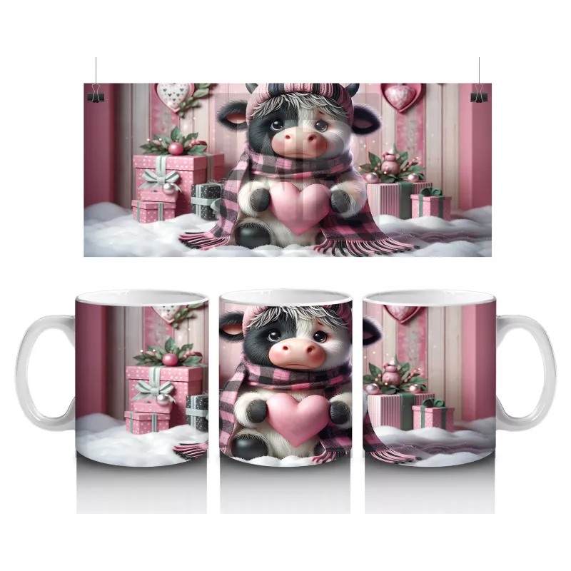 Hediye Kutuları Arasında Oturan Kalpli Figür Tutan İnek - Baskılı kahve kupası