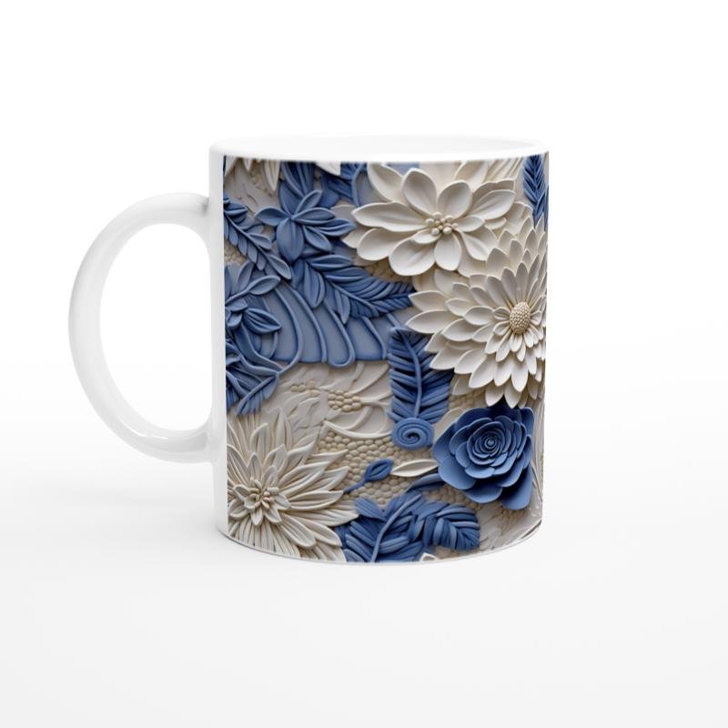 İnci ve Mavi Rölyef Çiçek Desenli Kupa Bardak