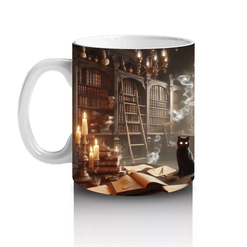 Işıltılı Arka Plan Üzerinde Gotik Sandalye ve Cadı Şapkası Temalı Baskılı Kupa - 2