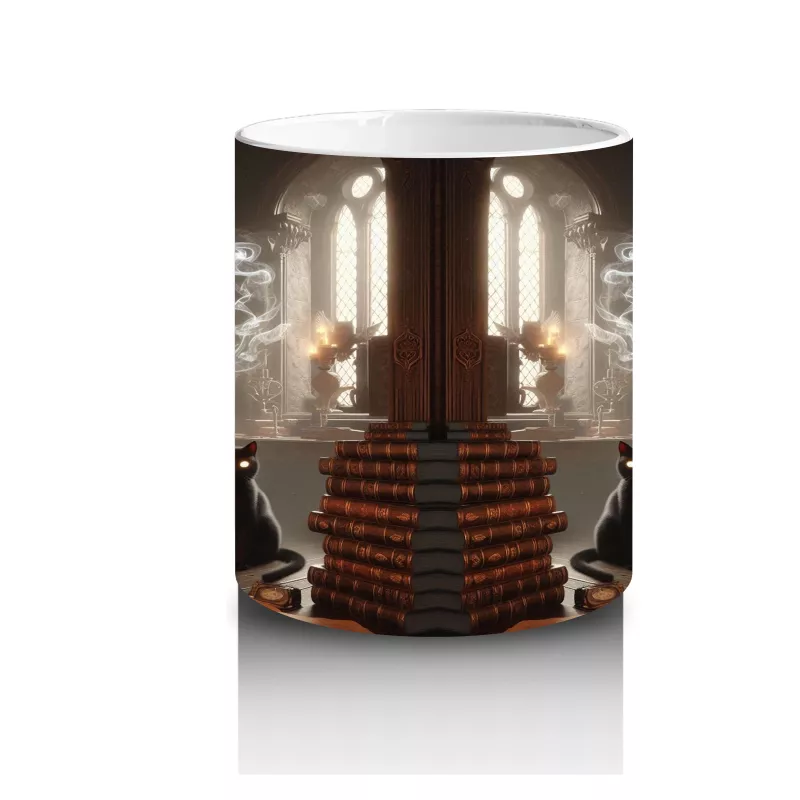 Işıltılı Arka Plan Üzerinde Gotik Sandalye ve Cadı Şapkası Temalı Baskılı Kupa - 3