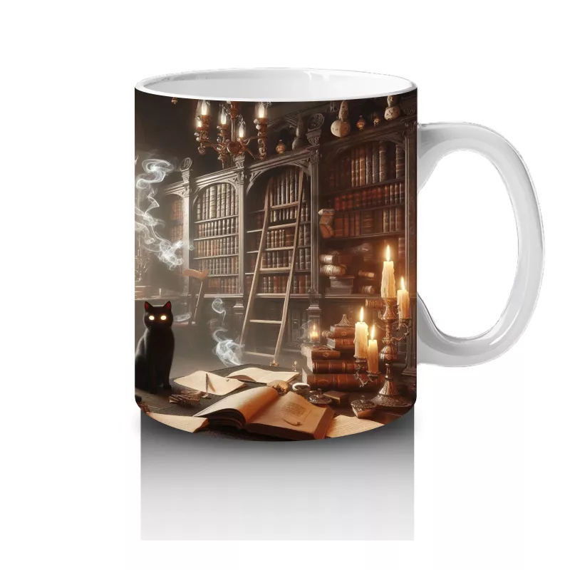 Işıltılı Arka Plan Üzerinde Gotik Sandalye ve Cadı Şapkası Temalı Baskılı Kupa - 4