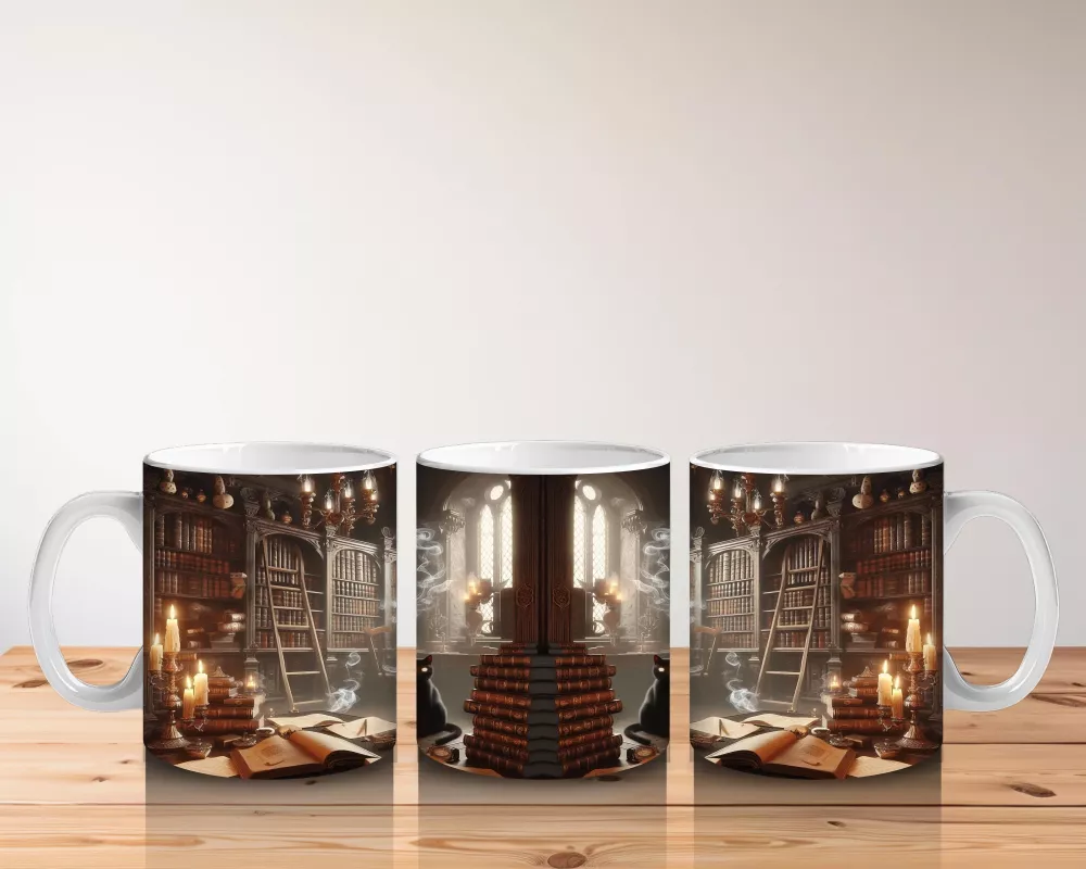 Işıltılı Arka Plan Üzerinde Gotik Sandalye ve Cadı Şapkası Temalı Baskılı Kupa - 5