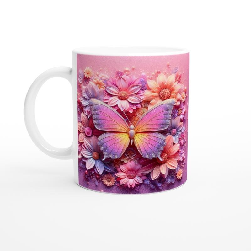 Işıltılı Çiçekler Arasında Renkli Kelebek Temalı Baskılı Kupa Bardak