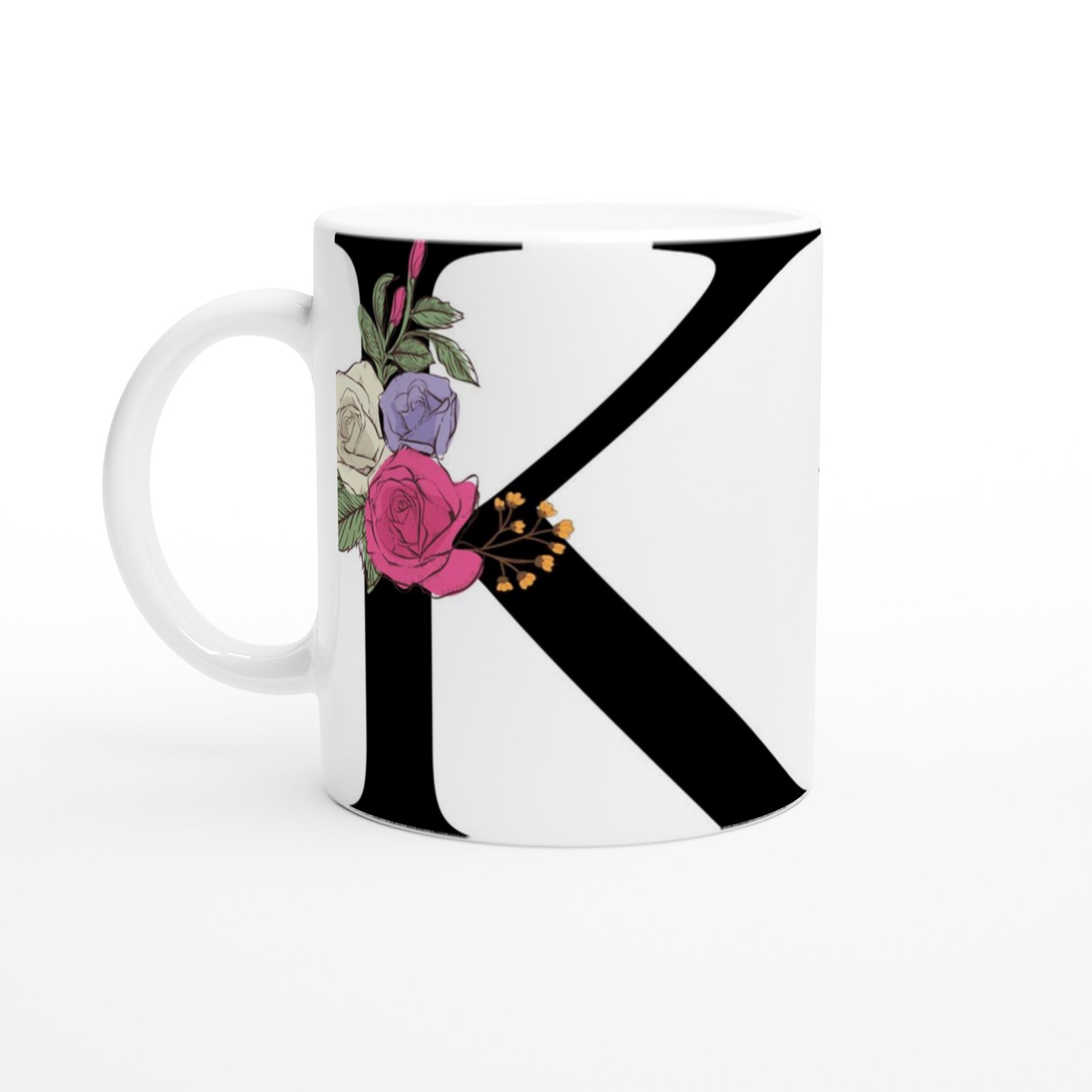 K Harfi Çiçek Motifli Kupa Bardak