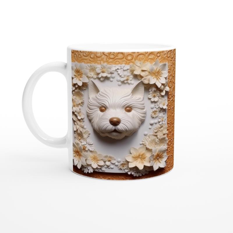 Kabartma Çiçek Çerçeveli Şirin Köpek Temalı Baskılı Kupa Bardak