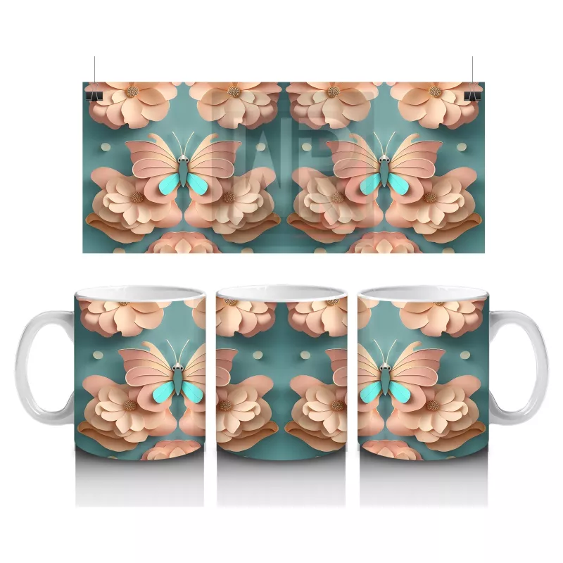 Kabartmalı Renkli Kelebek Desenleri – Baskılı Kahve Kupası