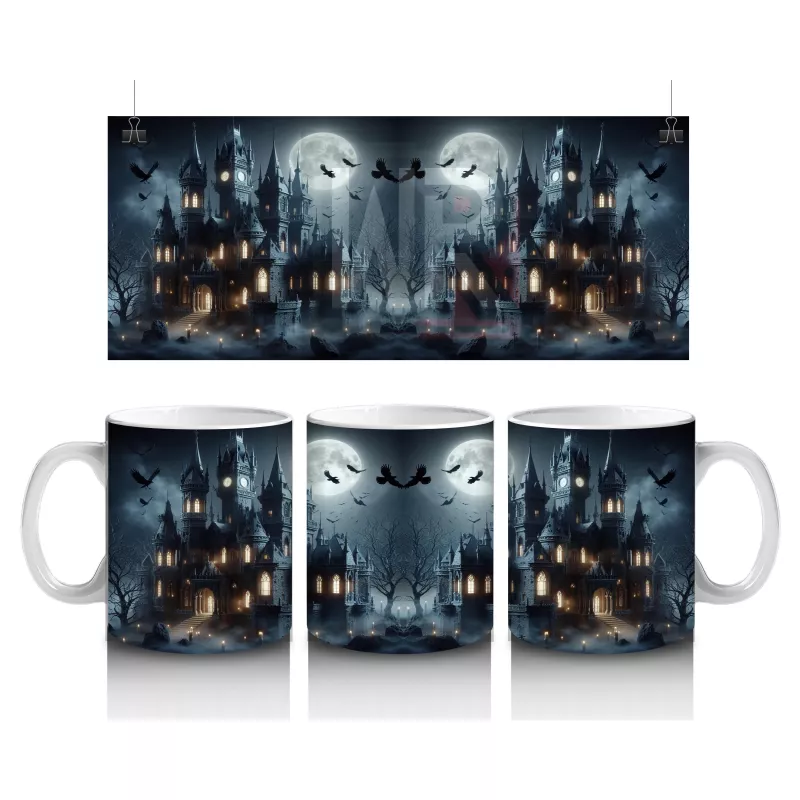 Kafatası Maskeli Cadılarla Karanlık Gece Temalı Cadılar Bayramı Baskılı Kupa Bardak