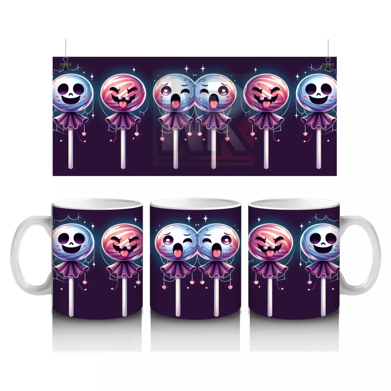 Kafatası Şeker Figürlü Lolipoplarla Renkli Cadılar Bayramı Baskılı Kupa Bardak