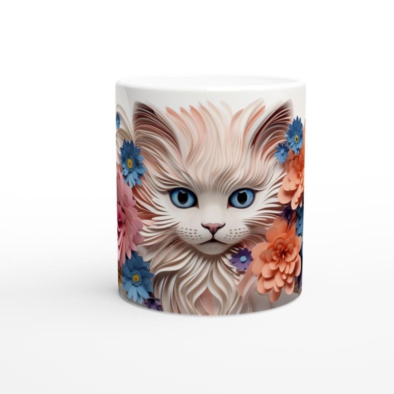 Kağıt Çiçeklerle Süslenmiş Mavi Gözlü Kedi Baskılı Kupa Bardak