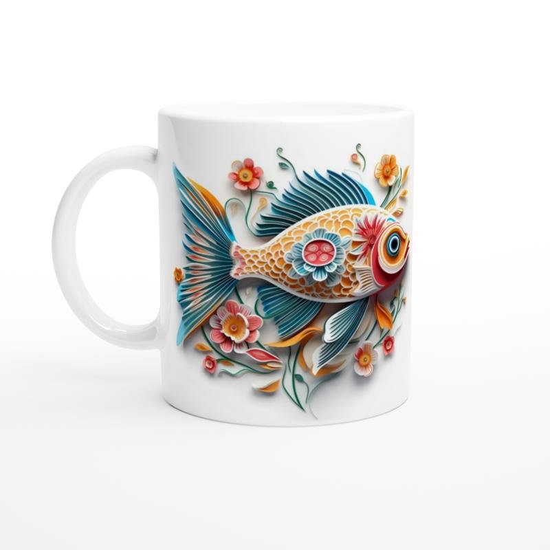 Kağıt Kesim Stilinde Çiçekli Renkli Balık Kupa Bardak