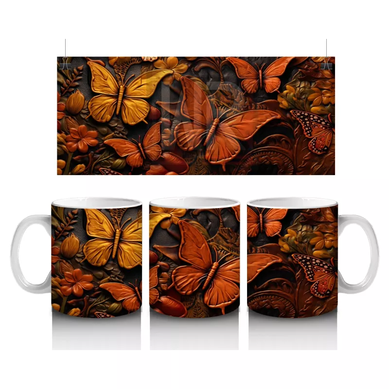 Kahverengi Tonlarda Uçuşan Rölyef Kelebekler – Baskılı Kahve Kupası
