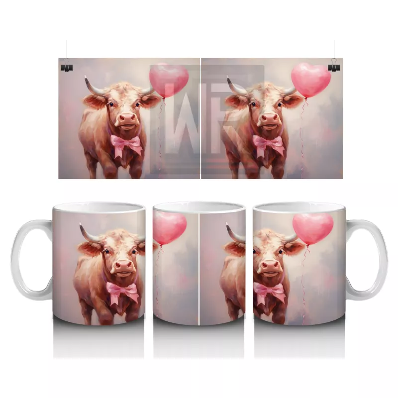 Kalp Balonu Tutan Sevimli İnekler – Baskılı Kahve Kupası