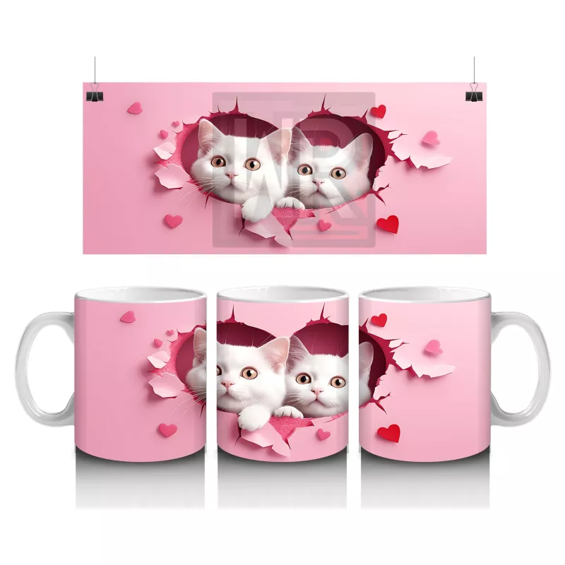 Kalp Çatlağından Bakan İkiz Sevimli Beyaz Kedi – Baskılı Kahve Kupası