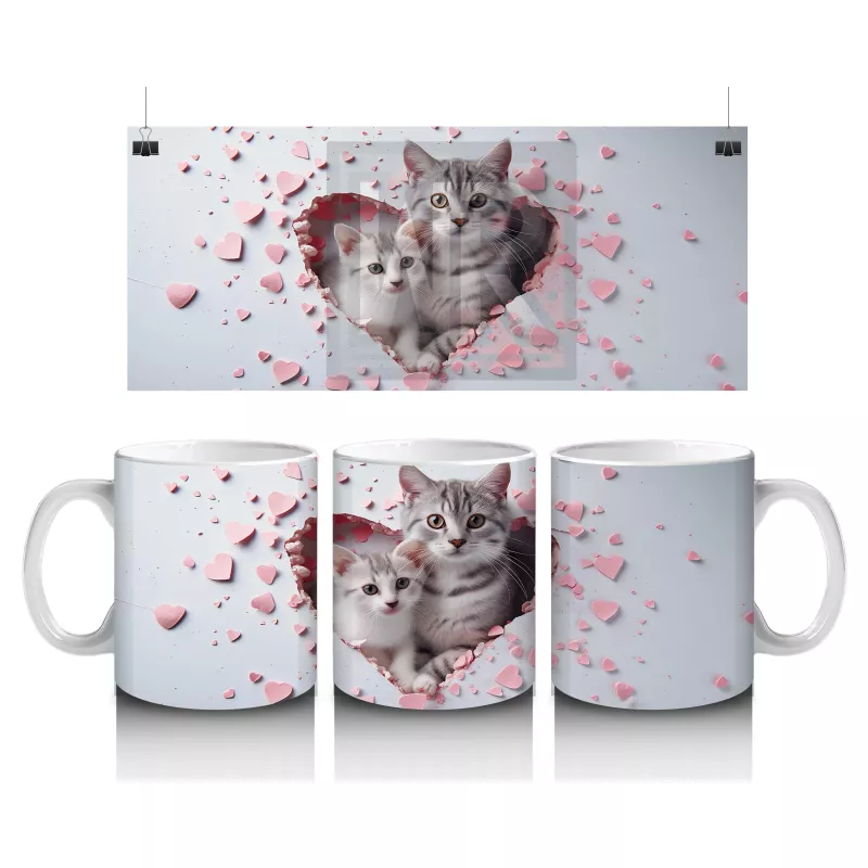 Kalp Çatlağından Bakan Sevimli Gri Kedi – Baskılı Kupa Bardak