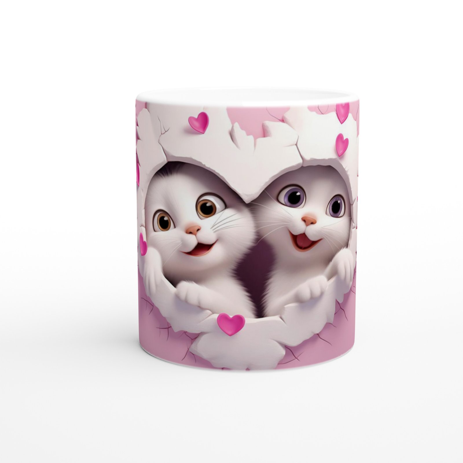 Kalp Çatlaktan Bakan Neşeli Kedi Çifti Temalı Baskılı Kupa Bardak