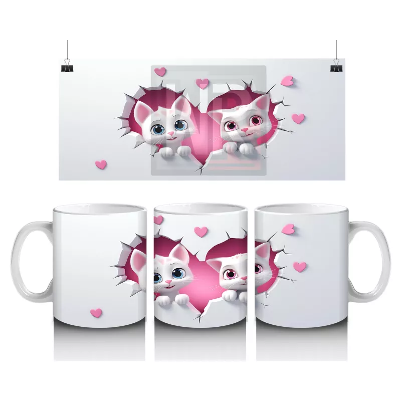 Kalp Çerçevesinden Bakan İki Sevimli Kedi – Baskılı Kahve Kupası