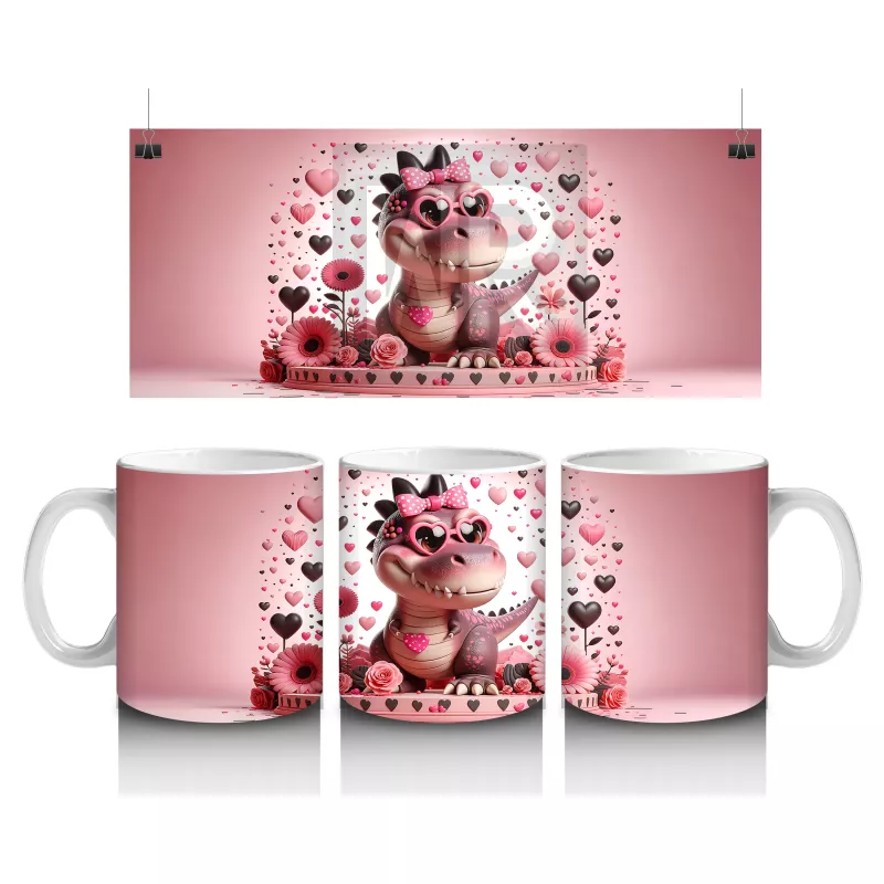 Kalp Desenli Arka Planda Pembe Dinozor Figürü - Baskılı kahve kupası