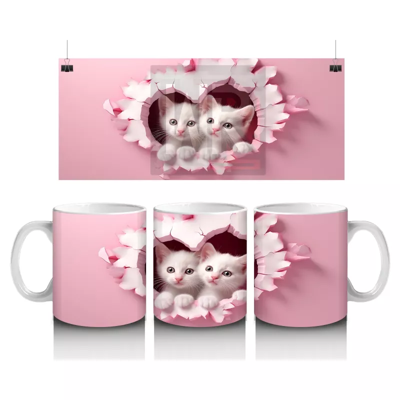 Kalp Desenli Çatlakta İkiz Beyaz Kedi – Baskılı Kahve Kupası