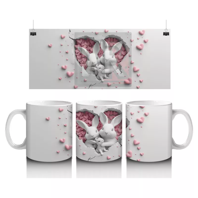 Kalp Desenli Fon Arasında Bakan İkiz Tavşan – Baskılı Kahve Kupası