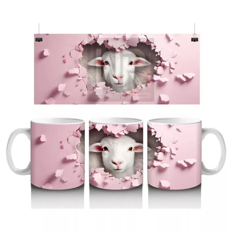 Kalp Desenli Fon Üzerinde Bakan Kuzu – Baskılı Kahve Kupası