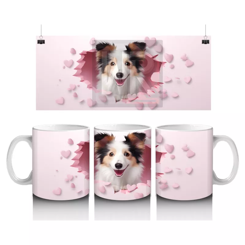 Kalp Desenli Pembe Fon Arasında Bakan Sevimli Köpek – Baskılı Kahve Kupası