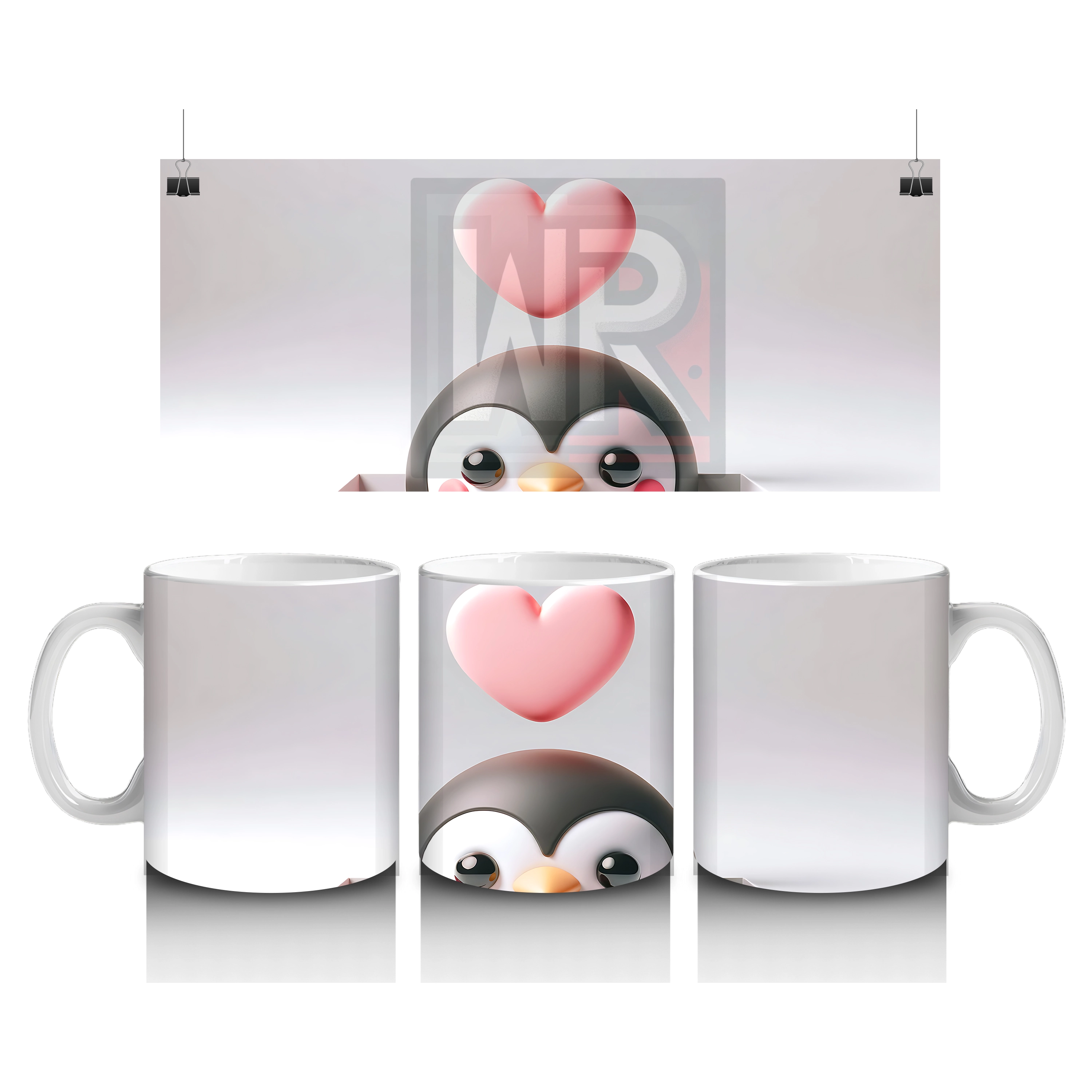 Kalp Figürlü Arka Plan Üzerinde Sevimli Penguen Yüzü - Baskılı kahve kupası