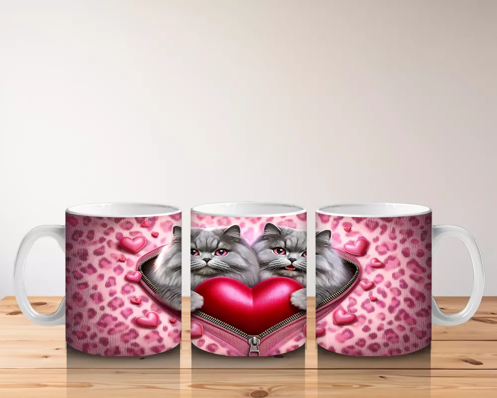 Kalp Figürü Tutan Leopar Desenli Sevimli Kedi Çifti - Baskılı kahve kupası - 5
