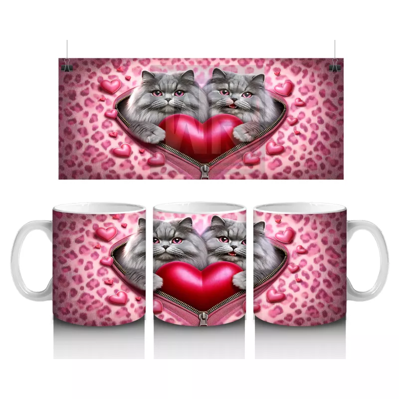 Kalp Figürü Tutan Leopar Desenli Sevimli Kedi Çifti - Baskılı kahve kupası