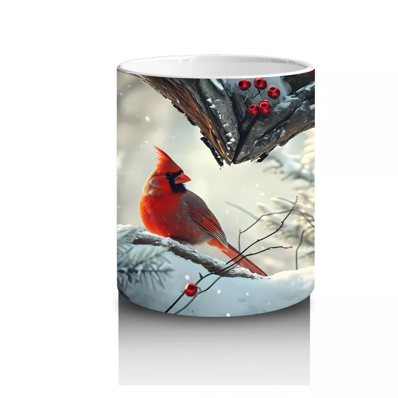 Kalp Şeklinde Ağaç Deliğinden Bakan Kardinal Kuşu – Baskılı Kahve Kupası - 3