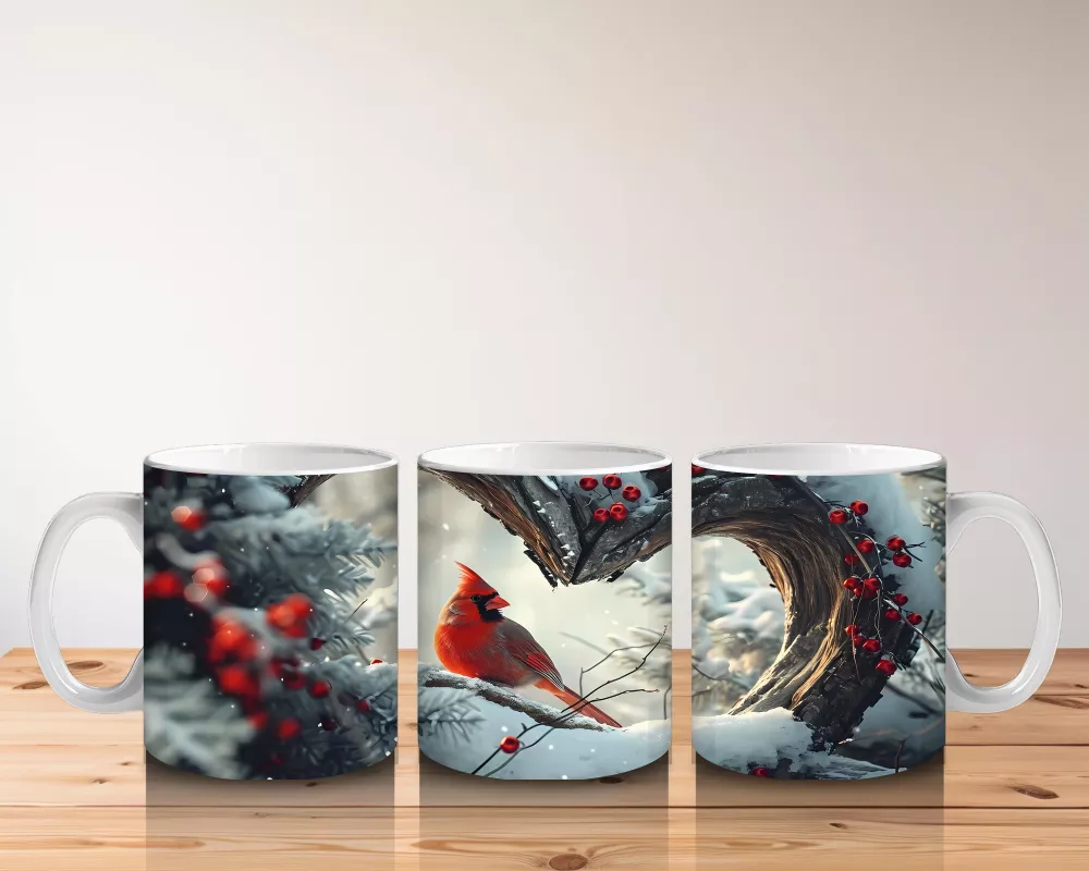 Kalp Şeklinde Ağaç Deliğinden Bakan Kardinal Kuşu – Baskılı Kahve Kupası - 5