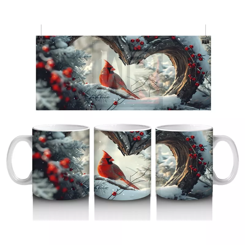 Kalp Şeklinde Ağaç Deliğinden Bakan Kardinal Kuşu – Baskılı Kahve Kupası
