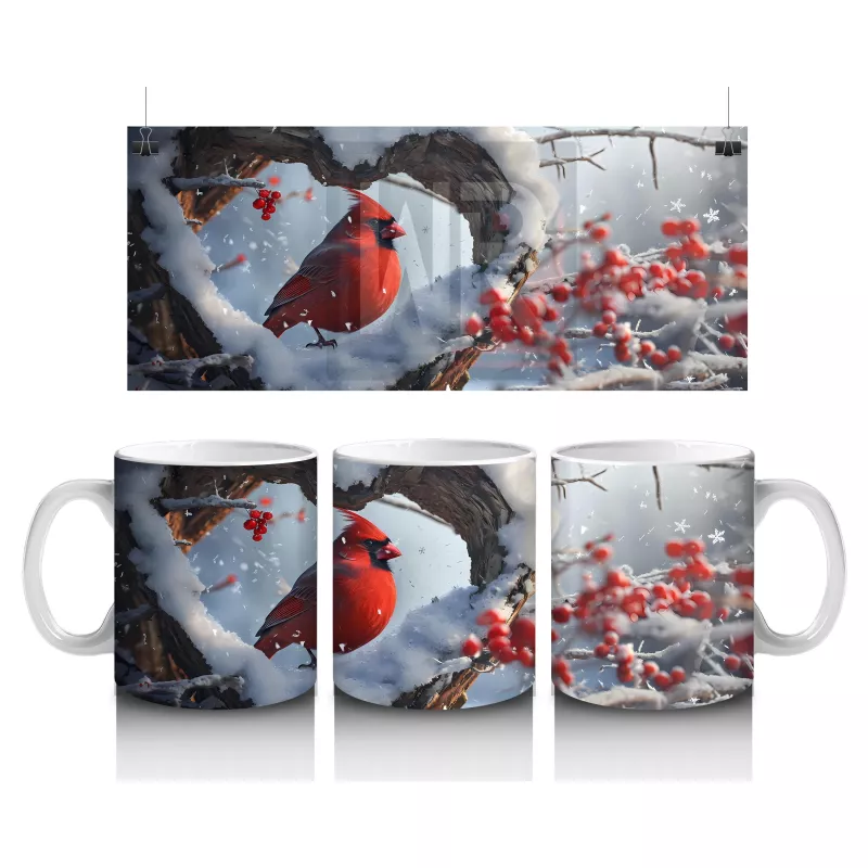 Kalp Şeklinde Ağaç Kovuğunda Kırmızı Kardinal Kuş – Baskılı Kahve Kupası
