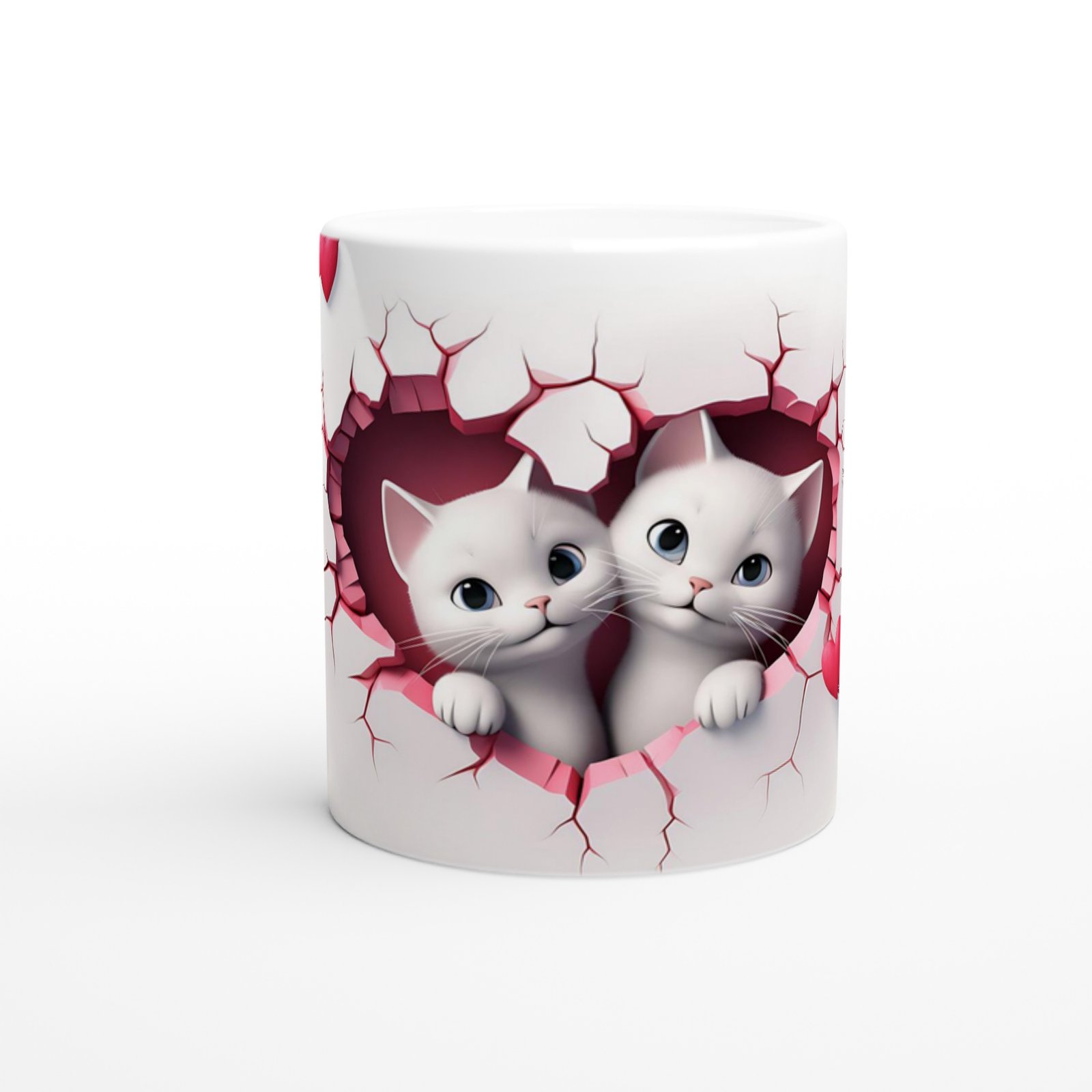 Kalp Şeklinde Çatlağın İçinden Bakan İkiz Kediler Temalı Baskılı Kupa Bardak