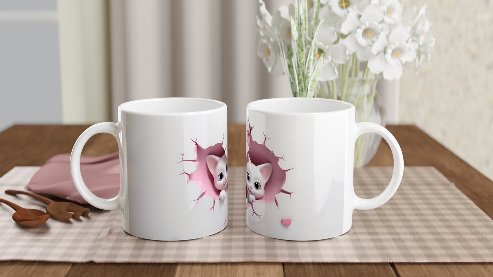 Kalp Şeklinde Çatlak Duvardan Bakan İki Tatlı Kedi Temalı Baskılı Kupa Bardak - 5