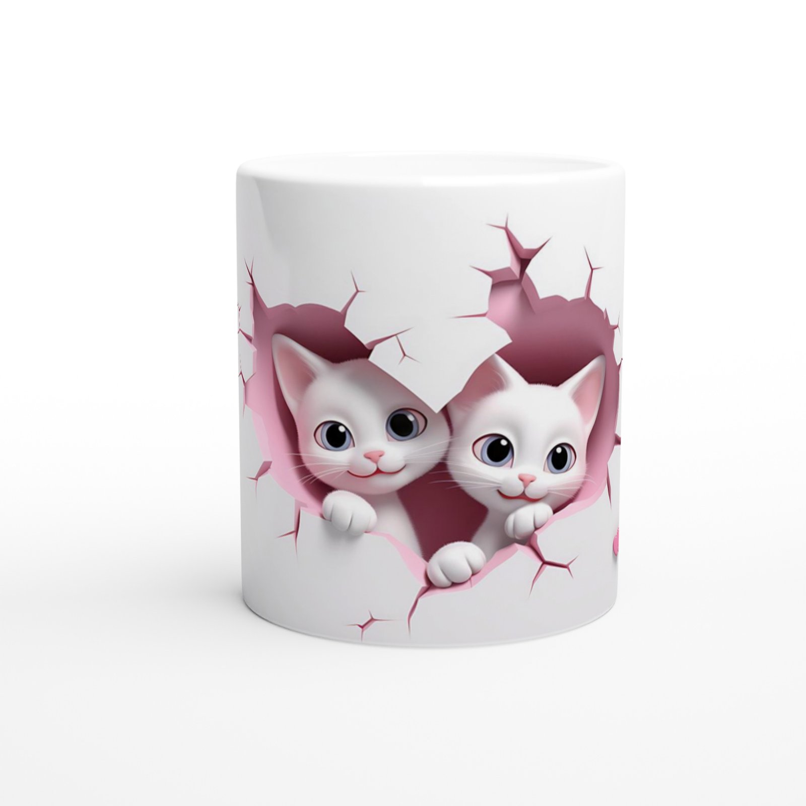 Kalp Şeklinde Çatlak Duvardan Bakan İki Tatlı Kedi Temalı Baskılı Kupa Bardak