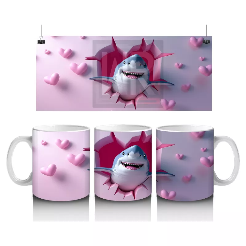 Kalp Şeklinde Çatlakta Bakan Sevimli Köpek Balığı – Baskılı Kupa Bardak