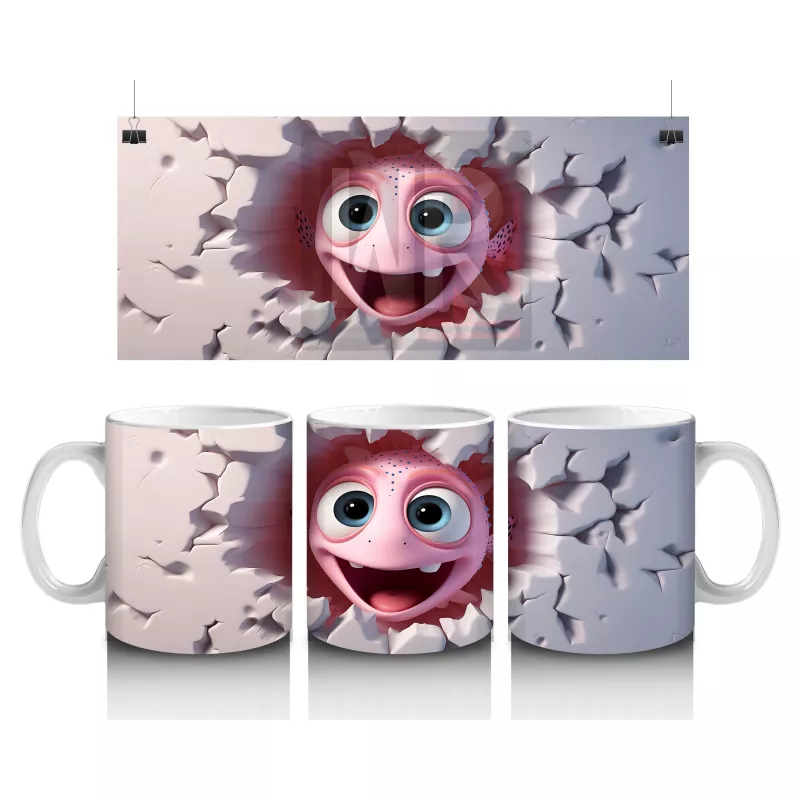 Kalp Şeklinde Çatlakta Pembe Sevimli Maskot – Baskılı Kahve Kupası